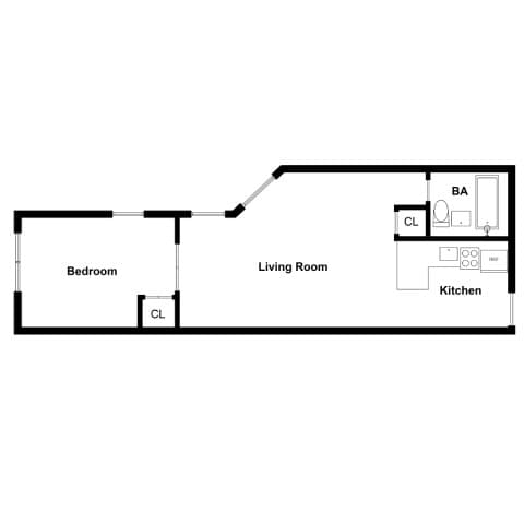 A floor plan of a small apartment with a bedroom, living room, and kitchen.