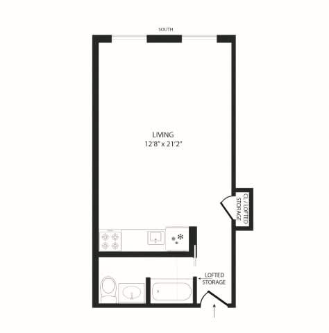 A floor plan of a living space with lofted storage.