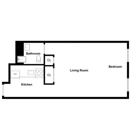 A floor plan of a living room, bedroom, and kitchen.