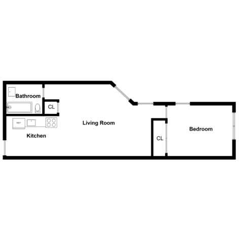 A floor plan of a small apartment with a living room, bedroom, kitchen, and bathroom.
