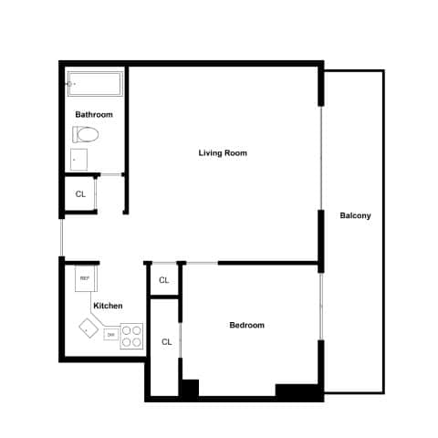 A floor plan of a home with a living room, kitchen, and bedroom.