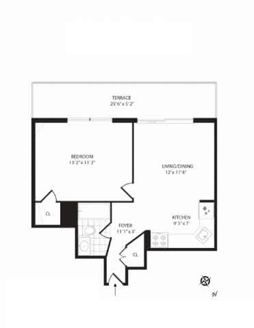 A floor plan of a house with a terrace, bedroom, living/dining area, kitchen, and a foyer.