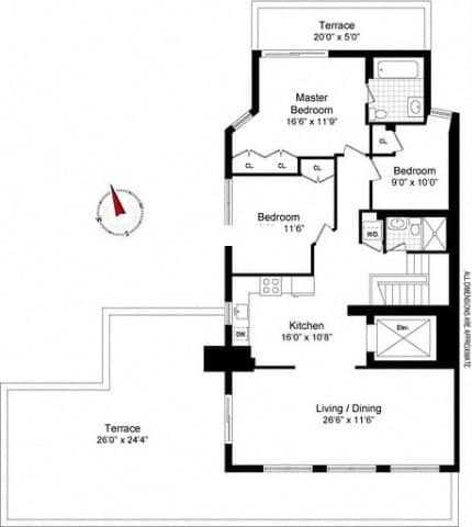 A floor plan of a house with a terrace, a master bedroom, two bedrooms, a kitchen, and a living/dining area.