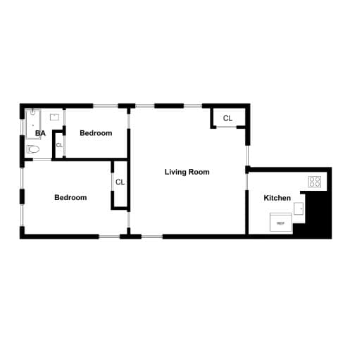 A floor plan of a living space with a kitchen and two bedrooms.
