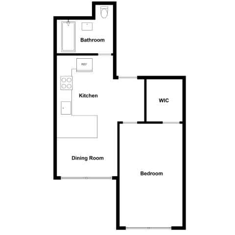 A floor plan of a small apartment with a kitchen, dining room, and bedroom.