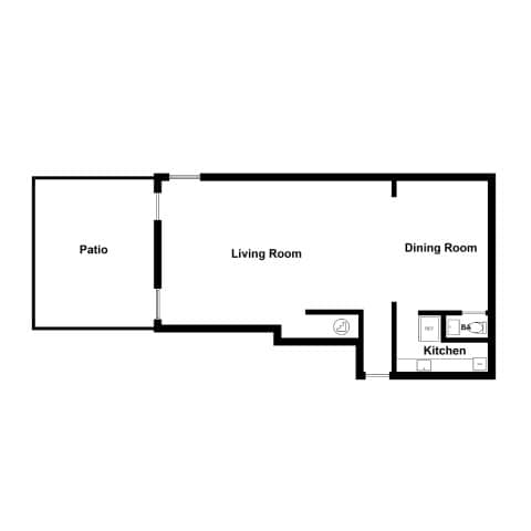 A floor plan of a house with a patio, living room, dining room, and kitchen.