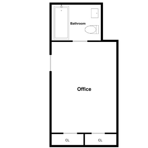 A floor plan of an apartment with an office and a bathroom.