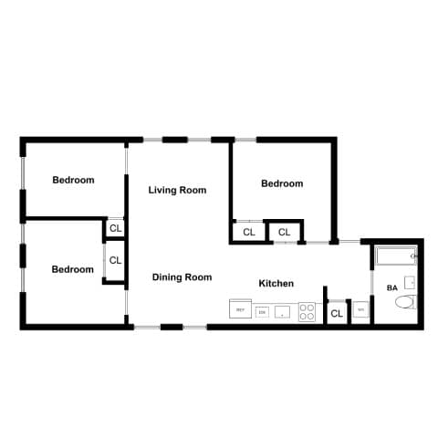 A floor plan of a house with three bedrooms, a living room, a dining room, and a kitchen.