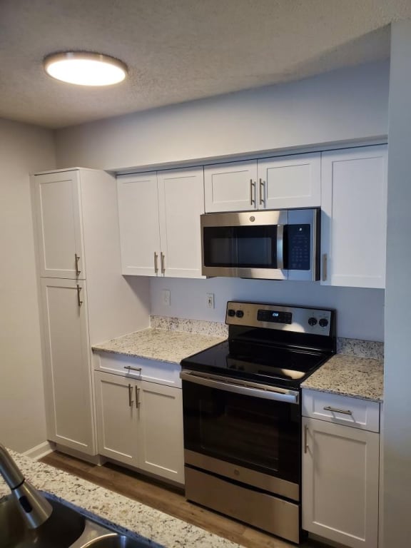 San Marco apartment home kitchen interior with stainless steel appliances and wood plank flooring at San Marco Apartments, Florida