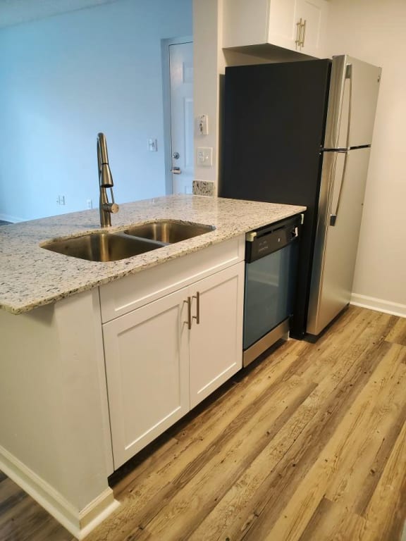 San Marco apartment home kitchen interior with stainless steel appliances and wood plank flooring at San Marco Apartments, Florida 32174