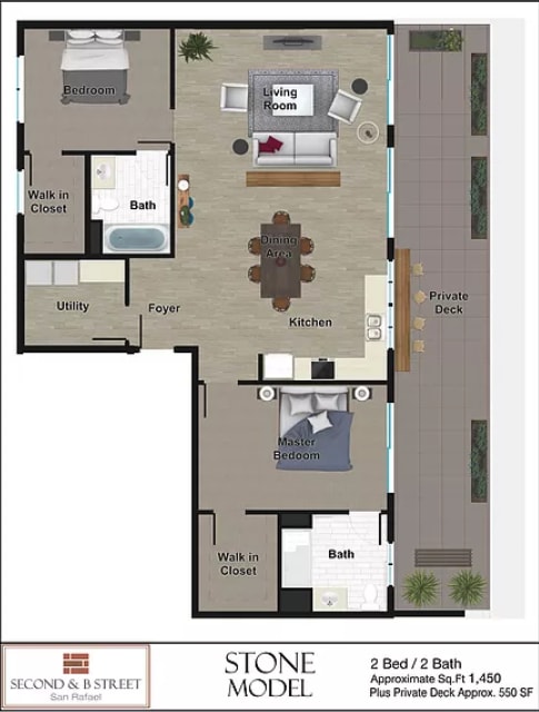 Stone 2 bedroom 2 bath penthouse floorplan at Second & B Street, San Rafael, CA