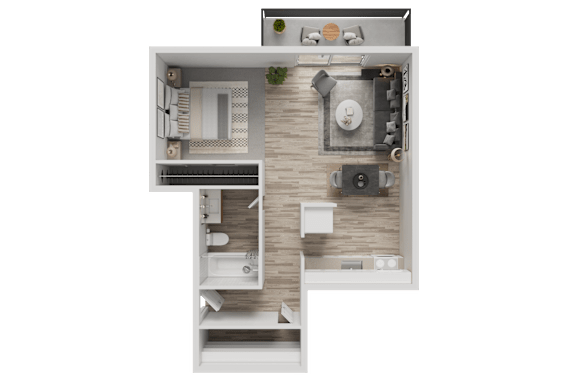 A top-down view of a small apartment layout with a kitchen, living room, and bathroom.