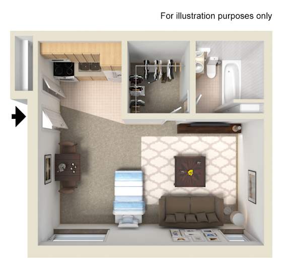 A 3D rendered image of a small apartment with a living room, kitchen, and bathroom.
