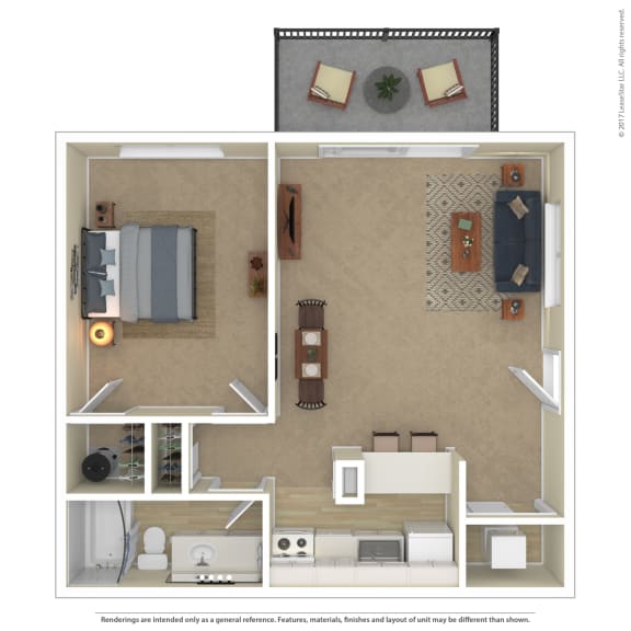 Terra Heights in Tacoma 3D 1 bedroom floor plan with furnishings