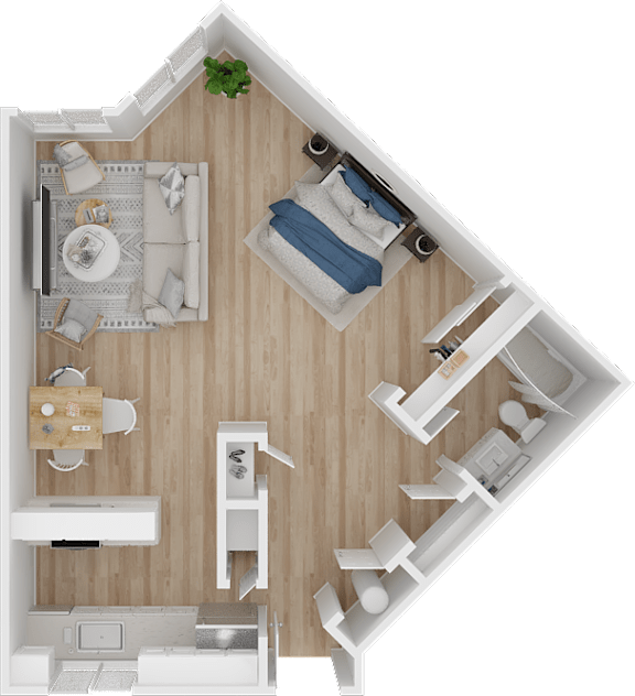 A top-down view of a small apartment with a kitchen, living room, and bedroom.