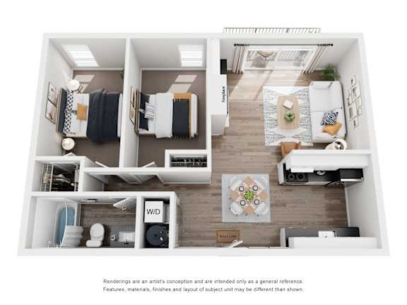 A modern apartment layout with a kitchen, living room, and bedroom.