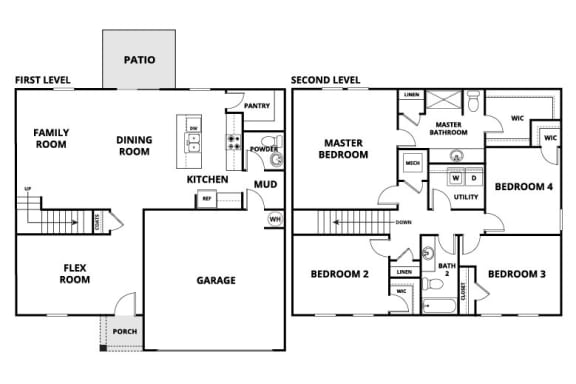 plan of a house with two floors with bedrooms and a garage