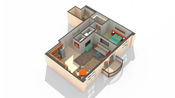 A 3D rendered image of a house layout.