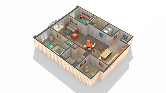 A 3D rendered image of a house layout.