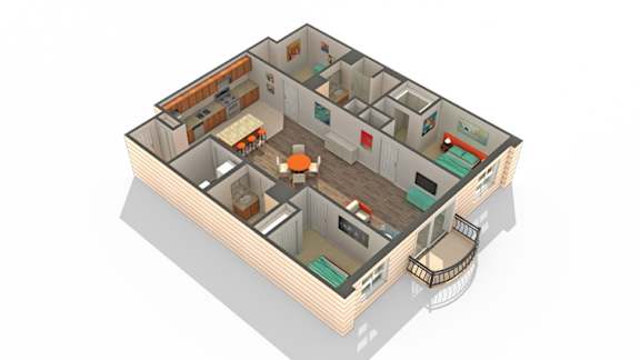 A 3D rendered image of a house layout.