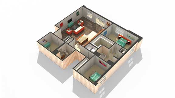 A 3D image of a house layout with multiple rooms.