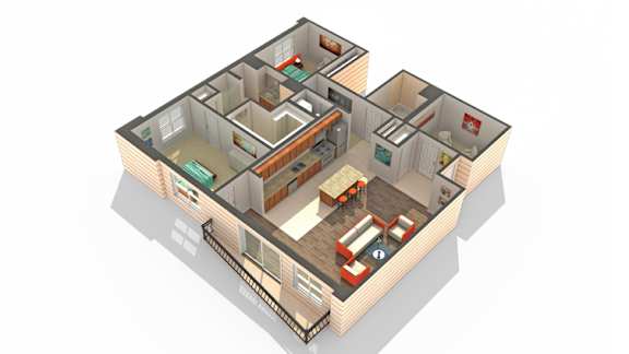 A 3D rendered image of a house layout.