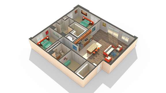 A 3D rendered image of a house layout.