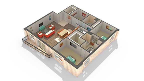 A 3D rendered image of a house layout.