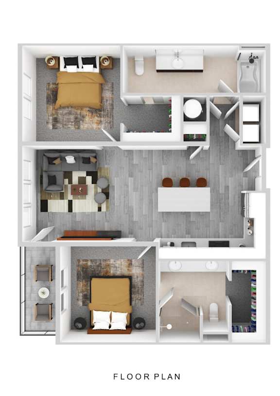 A floor plan of a house with a living room, kitchen, and two bedrooms.