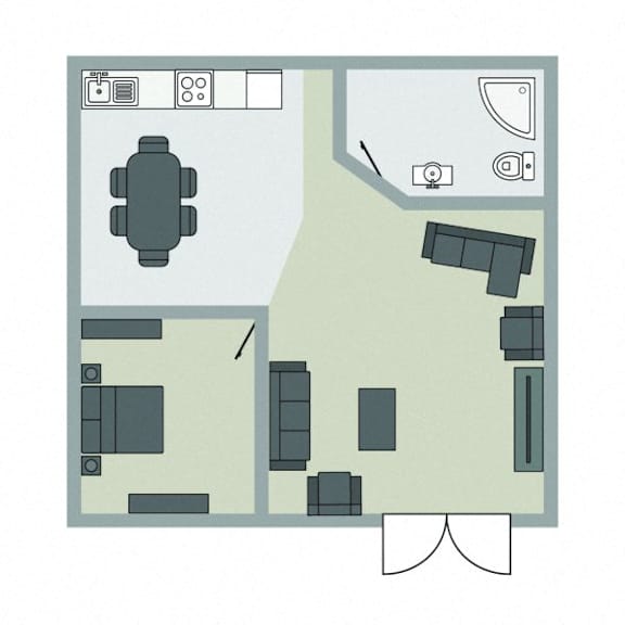 A floor plan of a room with furniture and appliances.