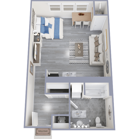 A 3D floor plan of a small apartment with a living room, dining area, kitchen, and bathroom.