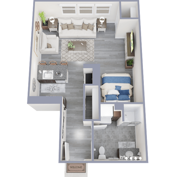 A 3D floor plan of a house with a living room, kitchen, and bathroom.
