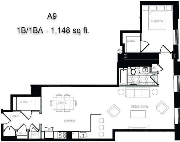1 bed 1 bath - 1148 sq &#x2013; 2 - 201,301 A9