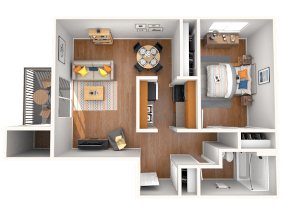 A 3D rendered image of a small apartment layout.