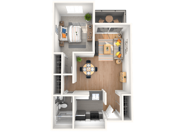 A top-down view of a small apartment with a kitchen, living room, and bedroom.
