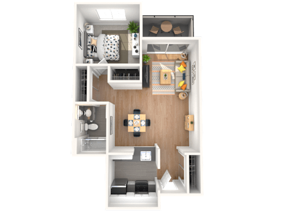 A top-down view of a small, neatly organized apartment with a kitchen, living room, and bathroom.