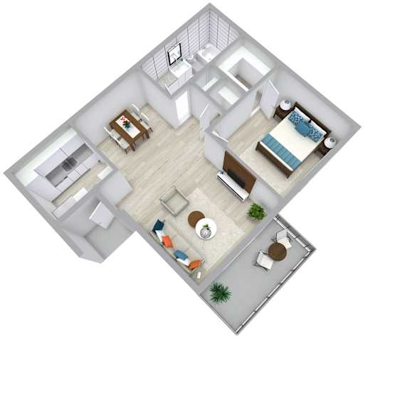 A top-down view of a modern apartment with a living room, kitchen, and bedroom.