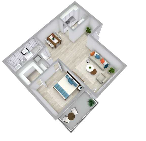 A top-down view of a modern living room with a sofa, coffee table, and a dining area.