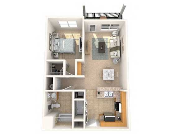 A top-down view of a small apartment with a bedroom, bathroom, kitchen, and living room.