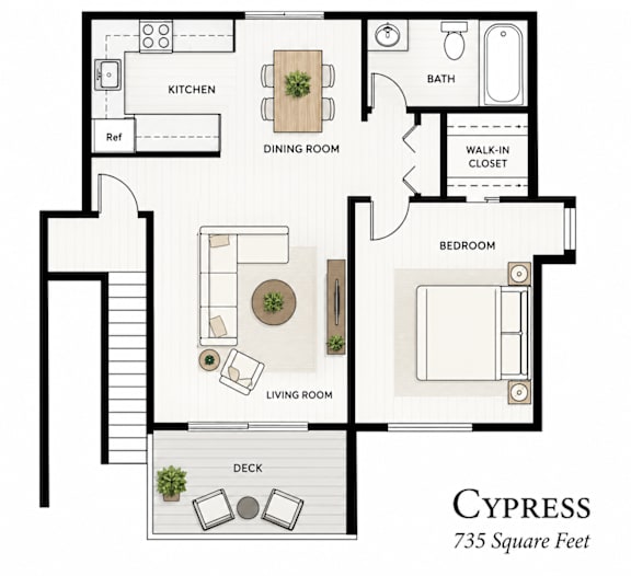 A floor plan of a 735 square foot home with a living room, dining room, kitchen, bath, bedroom, and deck.