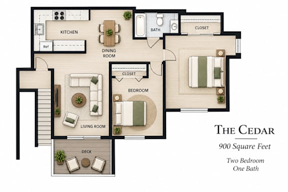 A floor plan of a 900 square feet home with two bedrooms and one bath.