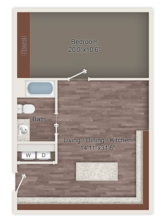A floor plan of a room with a bedroom, bathroom, and living/dining/kitchen area.