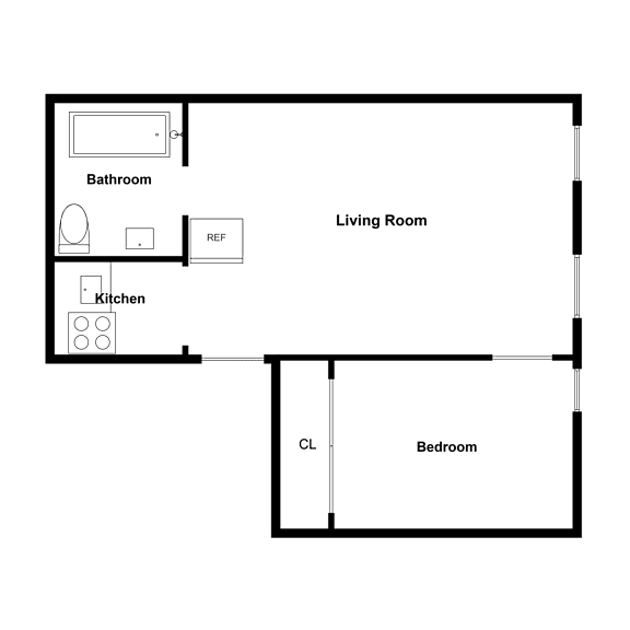 A floor plan of a small apartment with a living room, kitchen, bathroom, and bedroom.
