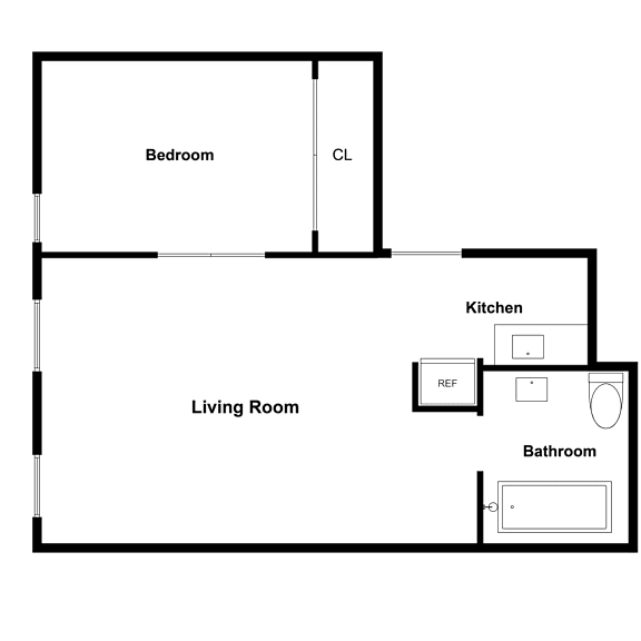 A floor plan of a living space with a bedroom, kitchen, living room, and bathroom.