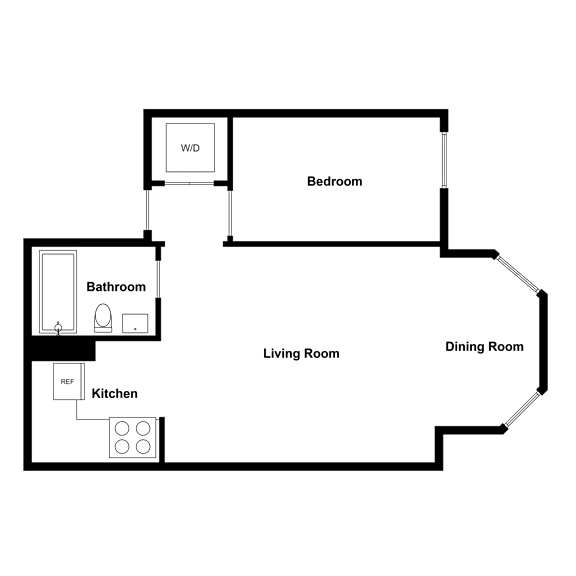A floor plan of a house with a living room, dining room, kitchen, bathroom, and bedroom.