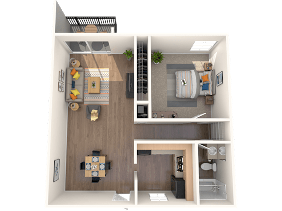 A 3D rendered image of a modern apartment layout.
