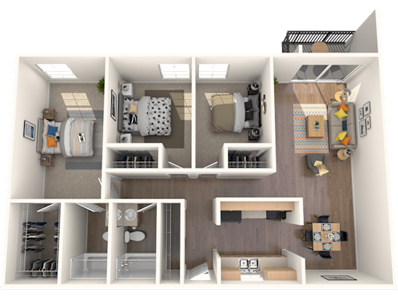 A 3D floor plan of a small apartment with a kitchen, living room, and bathroom.