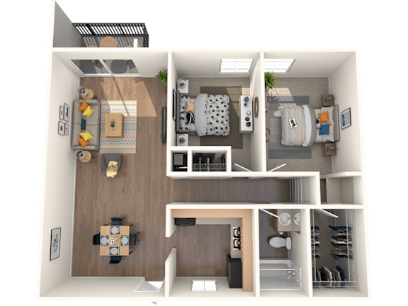 A 3D floor plan of a small apartment with a kitchen, living room, and bedroom.