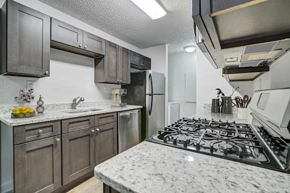 A kitchen with a stove top oven and a refrigerator.