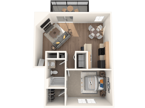 a stylized floor plan of a 1 bedroom apartment